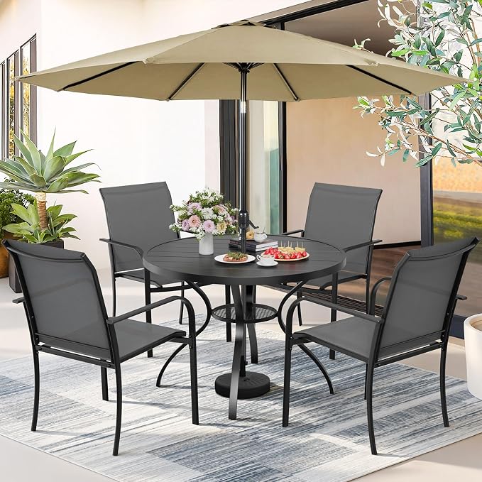 5-Piece Patio Dining Set with Umbrella,4 Person Outdoor Table and Chairs Set, 4 Metal Dining Chairs and Round Outdoor Table with 1.57" Umbrella Hole,Grey