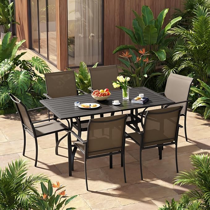 Incbruce 7 Pieces Outdoor Dining Set, Patio Metal Dining Set of 6 Textilene Chairs and Rectangle Table with Umbrella Hole for Lawn, Garden, Porch and Backyard (Brown)
