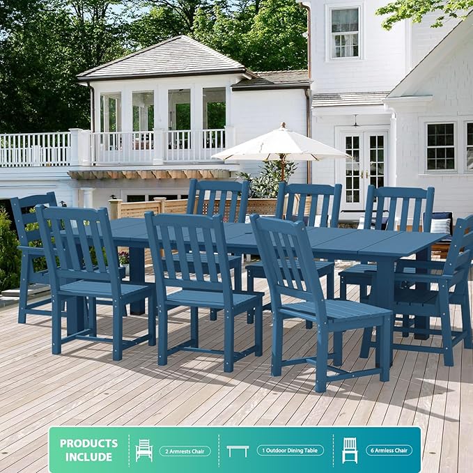 LOUNZY 9 Pieces Patio Dining Sets, Outdoor HDPE Furniture Set for 8 w/ 2" Hole Cut-Out Dining Table with 8 Patio Chairs(2 W/Armrest, 6 w/o Armrest), Navy