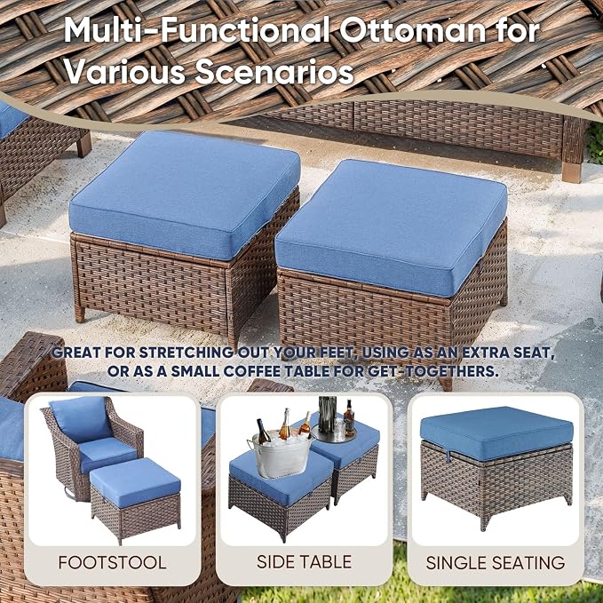 5 Pieces Patio Conversation Sets-Outdoor Furniture All Weather Wicker Couch with Swivel Glider Chair Patio Conversation Set for Porch Garden Backyard Poolside-Blue Cushion