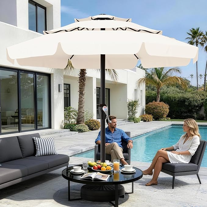 AreShark 12FT 3-Tiers Patio Umbrella with Valance, Outdoor with Crank, Large Outdoor Market Umbrellas Vented with 8 Sturdy Ribs, Patio Table Umbrellas for Garden, Deck, Backyard, Pool, Cream White