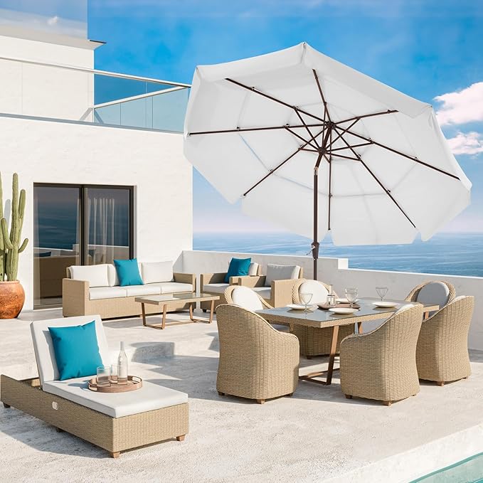 JEAREY 3 Tiers 9 FT Patio Umbrellas Outdoor Table Umbrella with Push Button Market Umbrella 8 Sturdy Ribs UV Protection Waterproof for Garden,Off-white