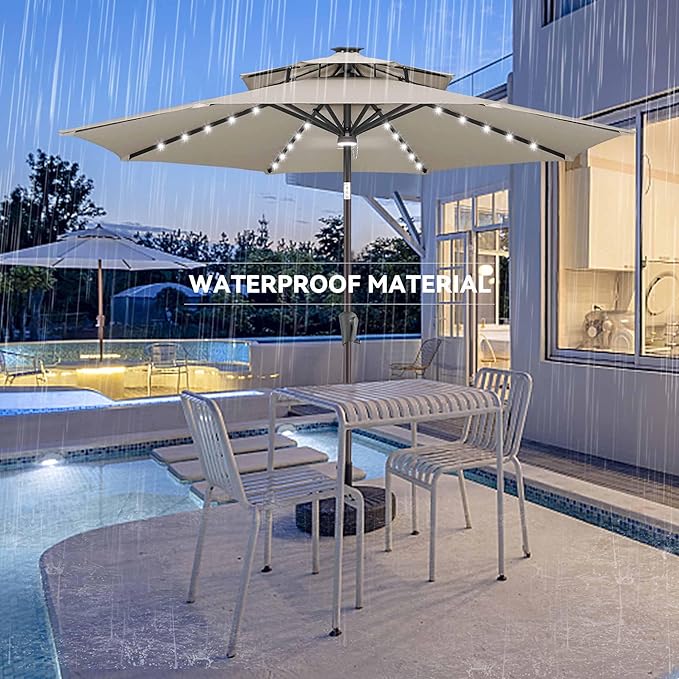 Jarka&Co 9ft Solar Patio Umbrella - 2 Tiers Solar Outdoor Umbrella with 40 LED Lights Waterprool UV Protection, Market Table Umbrella with Tilt for Backyard, Garden, Pool, Porch (Taupe)
