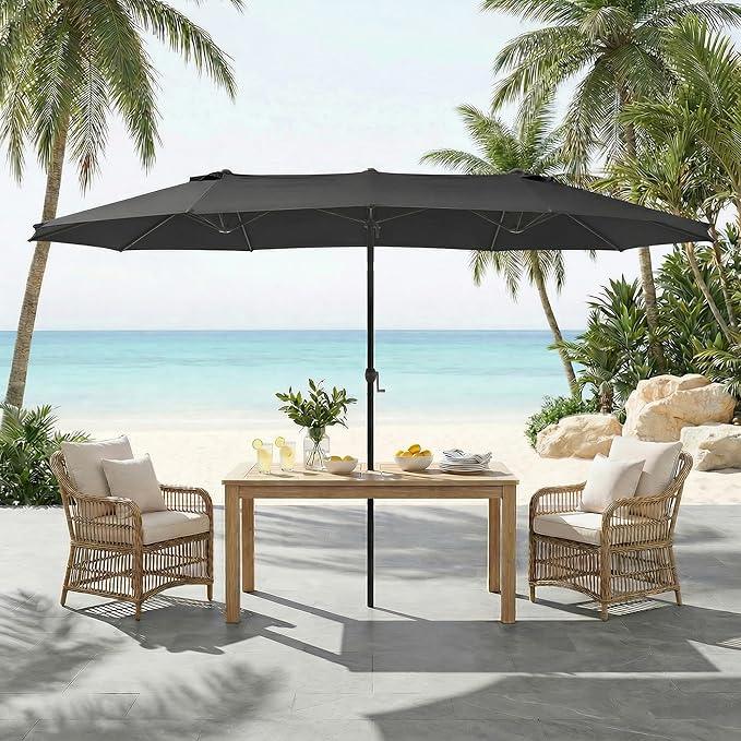 15FT Large Double Sided Patio Umbrella, Aluminum Crank and Heavy Duty Carbon Steel Ribs Outdoor Umbrellas, Fade Resistant Rectangular Market Umbrella for Poolside, Deck, Commercial, Backyard, Patio, Rental, Lawn, Dark Gray