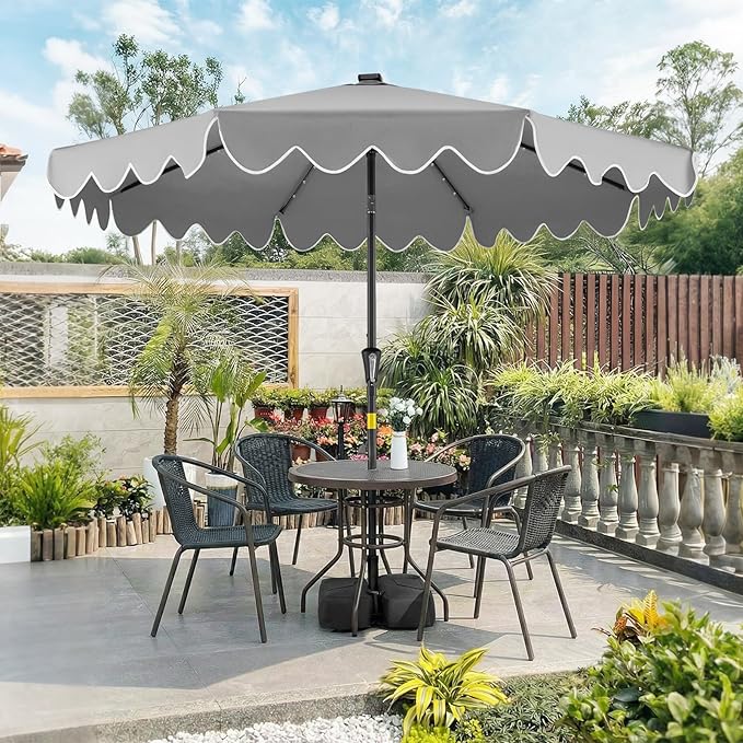 Tangkula 9 FT Solar Patio Umbrella with Base Included, 2-Tiers Outdoor Scalloped Table Umbrella with 32 LED Lights, 2 Sandbags, Tilt Adjustment, Crank, 8 Ribs for Market Backyard Pool Deck Beach Lawn