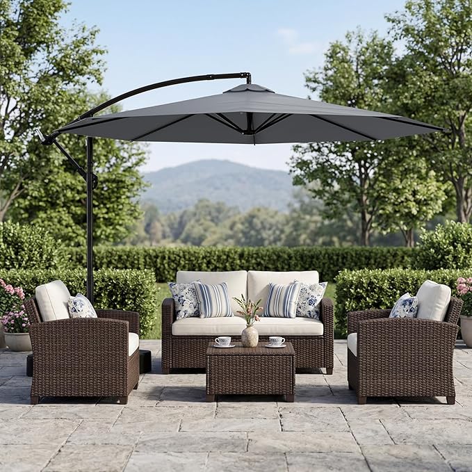 10FT Patio Umbrella with Base, Outdoor Umbrella Pool Umbrella Cantilever Umbrells - UV Protection, Easy Tilt & 360° Rotation for Poolside, Backyard & Garden