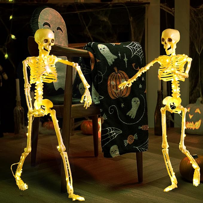 2 Pack 24 Inches Halloween Skeleton, LED Light Up Pose-N-Stay Halloween Skeleton Full Body Posable Movable Jonints for Halloween Decoration