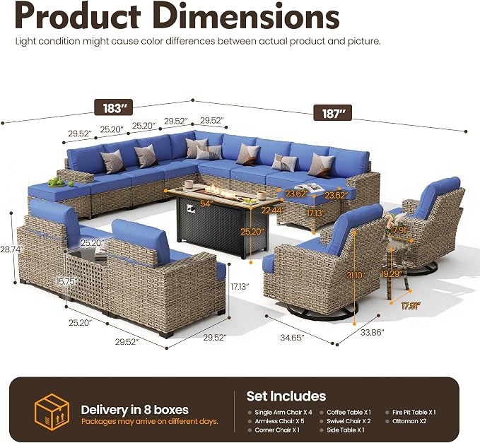 HOOOWOOO Sectional Patio Furniture Set with Fire Pit Table,17 Pieces Wicker Outdoor Furniture L Shaped Couch,Outside Conversation Set Extra Deep Sofa Wide Arm Swivel Chairs Ottoman Light,Navy Blue