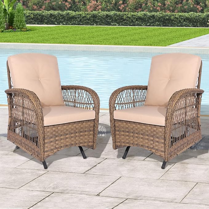 Outdoor Wicker Glider Rocker Chair, Patio Rattan Gliding Rocking Chairs Set of 2 with Thickened Cushions, All-Weather Wicker Furniture Sets for Porch Garden & Backyard