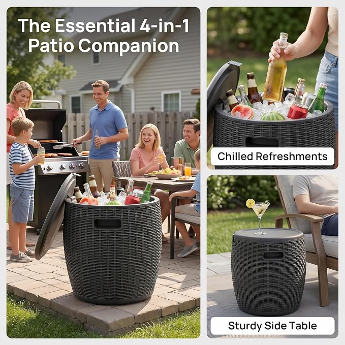 Zapdos 9.5 Gallon Outdoor Cooler Table, 4-in-1 Patio Side Table Cooler and Wicker Storage Stool, 330lbs Capacity Lid
