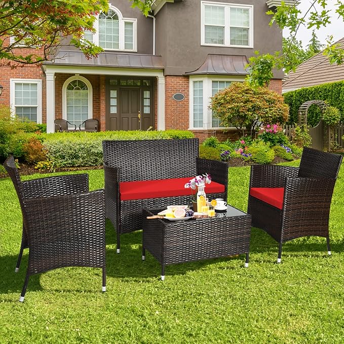 4 Pieces Patio Sofa Set, Wicker Conversation Set with Ergonomic Curved Backrest, Patio Rattan Furniture Set with Water-Resistant Cushion & Tempered Glass Table for Balcony, Porch (Red)