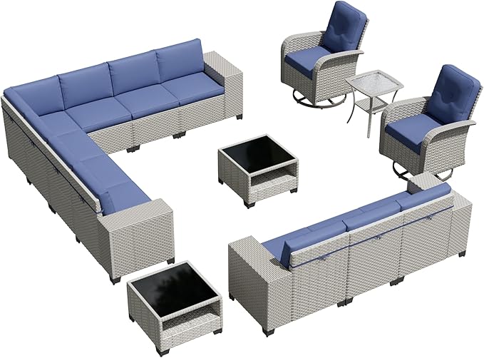 15-Piece Outdoor Patio Furniture Set, Modular Sectional Sofa Set with Swivel Rocker Chairs, Wicker Outdoor Couch Conversation Sets w/Coffee Table and Cushions, Blue