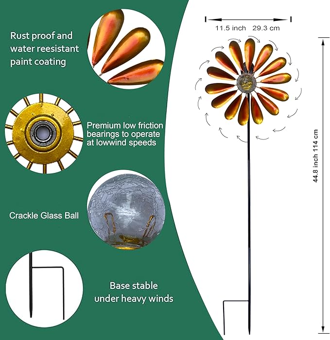 Solar Daisy Garden Wind Spinner, 44.48 Inch, Metal Stake Yard Wind Spinner with Solar-Powered Warm White LED Glass Globes and Dynamic Spinning Windmill for Yard Decor. Orange