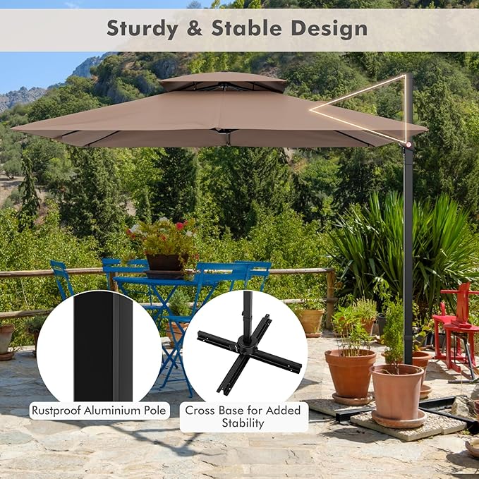 Tangkula 9.5 FT Cantilever Patio Umbrella, Outdoor Square Offset Umbrella with 360° Rotation, Double Top Heavy Duty Patio Hanging Umbrella with Cross Base for Garden Deck Pool Backyard (Tan)