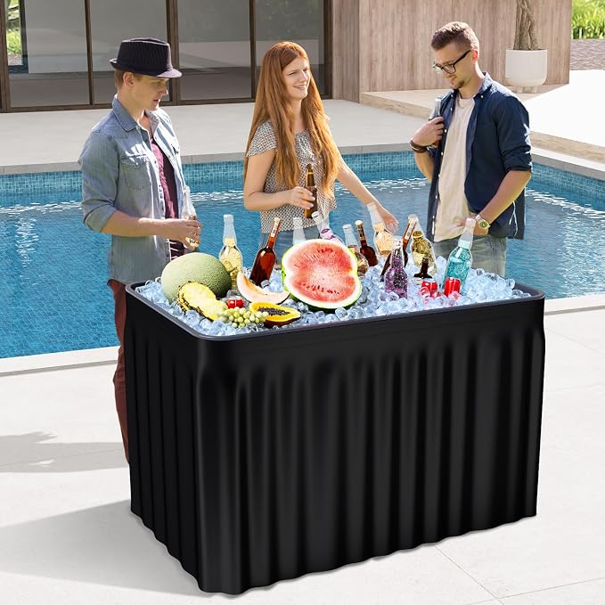 4 Foot Ice Cooler Table, Folding Buffet Cold Food Keeper w/Removable Matching Skirt & Drain Plug, Portable Patio Outdoor Chilling Table, Cooler Server for Party, Picnic, Camping, Wedding, BBQ