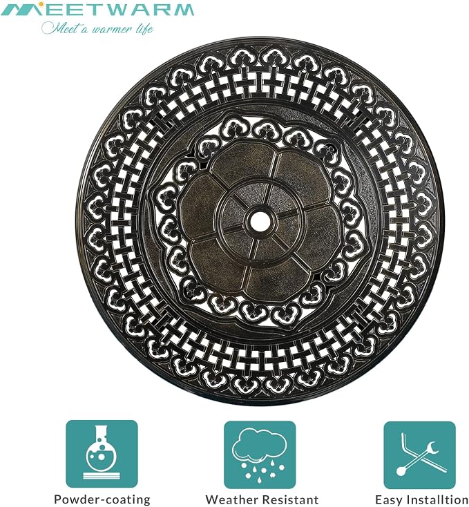 MEETWARM 38.5" Round Patio Dinning Table, Outdoor Cast Aluminum Dinning Table with 2" Umbrella Hole, Dark Bronze