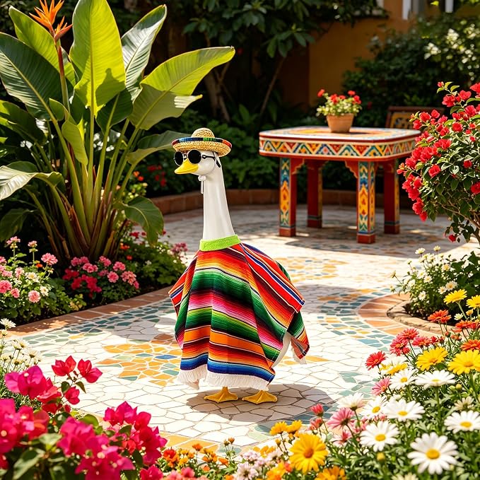 Cinco De Mayo Porch Goose Outfits, Mexican Outfit Fits 17 23 Inch Statue | Summer Goose Clothes with Hat, Serape Striped Poncho and Sunglasses for Outdoor Garden Yard Lawn Patio Decor