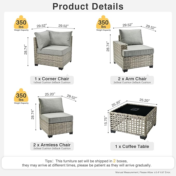 WEAXTY 6 Pieces Patio Furniture Set, Outdoor Sectional Sofa Couch with Solar Coffee Table, All-Weather Outside Furniture Patio Conversation Sets for Backyard Porch Balcony (Dark Gray)