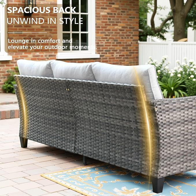CAODOC 8-Piece Outdoor Wicker Patio Set with 9 Seats, Including 43" Fire Pit - Sectional Sofa and Conversation Set for Backyard or Lawn, Gray Rattan with Waterproof Gray Cushions