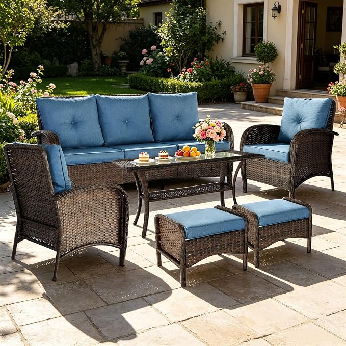 SHGJ&SOFT All Weather Patio Furniture Set, High Back Swivel Rocker Glider Chairs,Ottomans & Glass Tables, Outdoor Conversation Set for Deck Porch Yard Poolside (Blue, 7PCS-Sofa&Chairs&Ottomans&Table)