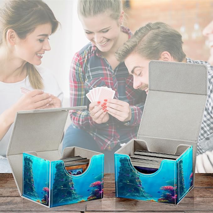 Card Deck Box for MTG, Cards Storage Box Fits 120+ Sleeved, Leather Small Size Strong Magnetic Closing Card Case for Board Games Magic TCG CCG Baseball Collection, Underwater Castle