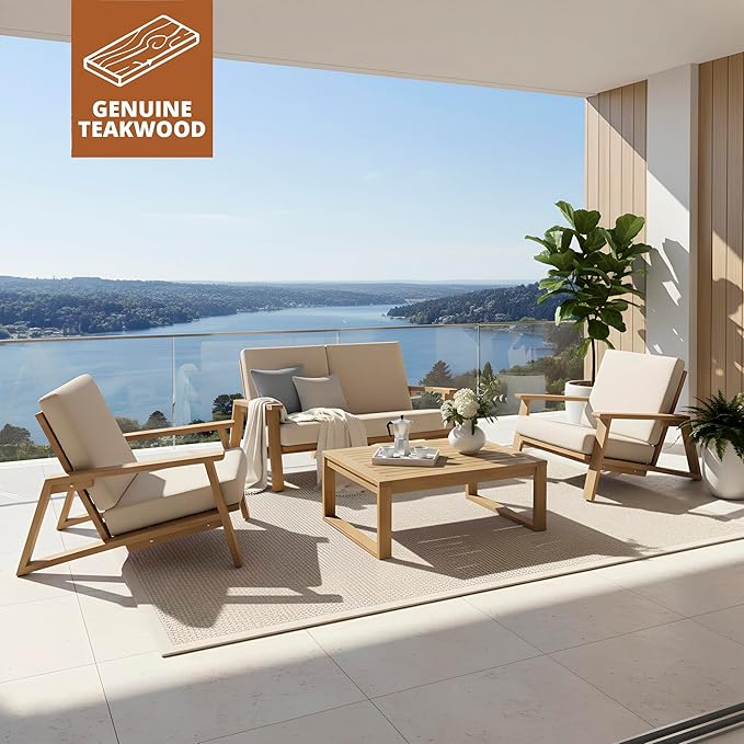 Kinger Home Ezra 4-Piece Deep Seating Teak Wood Patio Furniture Set, Cushioned Loveseat, Armchairs and Coffee Table