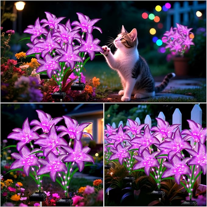 Solar Garden Lights 6 Pack 24 Purple Lily Flowers,Gifts for Mom Woman Birthday Outdoor Solar Flower Lights,Cemetery Flowers for Grave - Decorative Lilies for Yard, Patio, Pathway Decorations