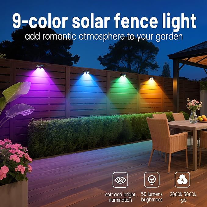 Solar Fence Lights 9-Color RGB Solar Lights Outdoor Waterproof Garden Wall Lights Solar Powered for Outside Backyard,Pathway,Yard,Party,Festival 8 Pack