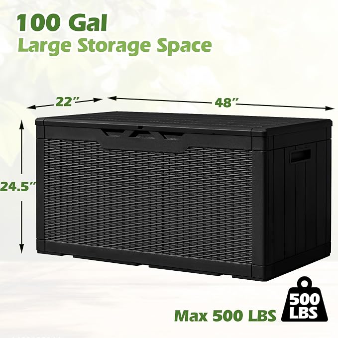 Greesum 100 Gallon Resin Deck Box Large Outdoor Storage, Imitation Rattan Weave Texture for Patio Furniture, Garden Tools, Pool Supplies, Weatherproof and UV Resistant, Lockable, Dark Black