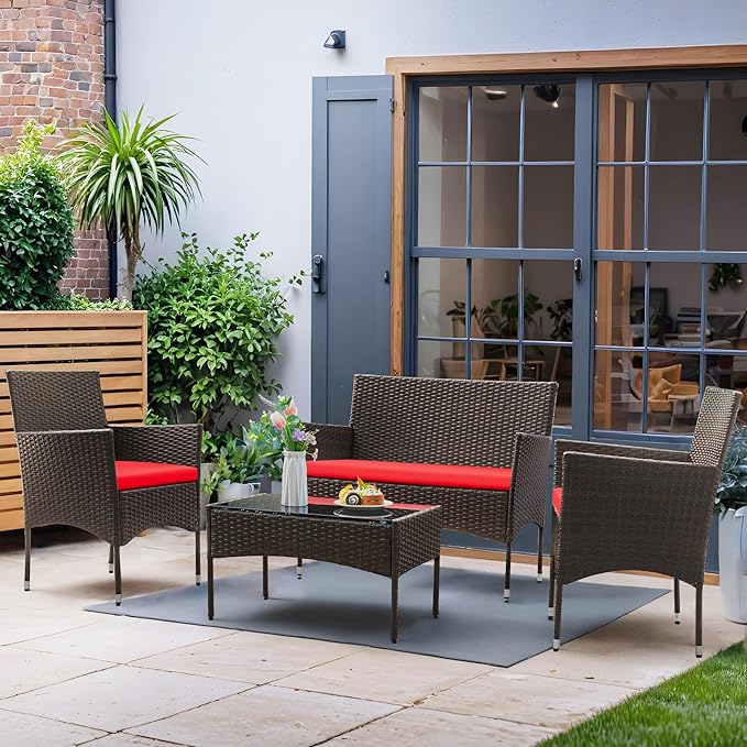 Greesum Patio Furniture 4 Pieces Conversation Sets Outdoor Wicker Rattan Chairs Garden Backyard Balcony Porch Poolside loveseat with Cushion and Glass Table, Brown and Red