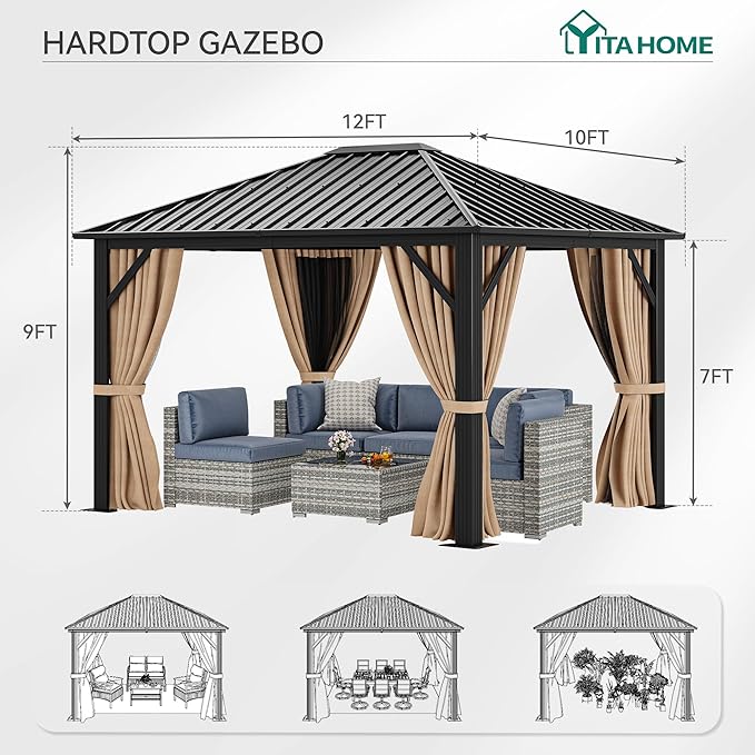 YITAHOME 10X12FT Hardtop Metal Gazebo Single Top Outdoor Patio Canopy Galvanized Iron Aluminum Column Garden Tent Curtains Netting for Backyards Decks Lawns,Brown