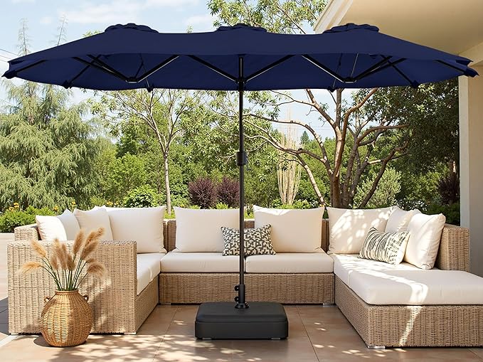 Shintenchi 16FT Large Patio Umbrella with Base Included, Outdoor Double-Sided Rectangular Shade with Crank Handle for Poolside Lawn, Deck & Garden, Dark Blue
