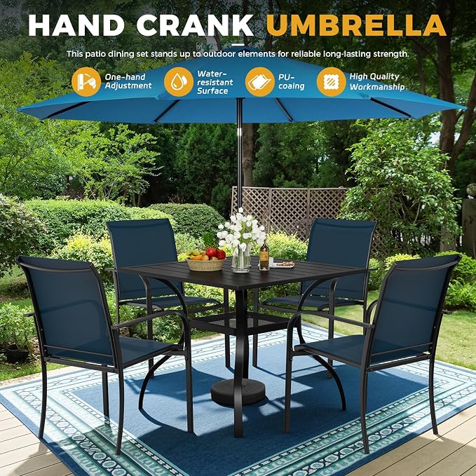 Incbruce 6 Pieces Paito Dining Set with Sky Blue Umbrella, Outdoor Metal Dining Set of 4 Textilene Chairs and Square Table with Umbrella Hole for Garden, Porch and Backyard (Blue)