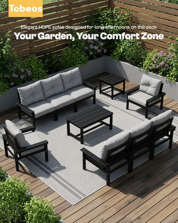 HDPE 4 Piece Patio Furniture Set, All-Weather Outdoor Couch with Thick Cushions & Coffee Table, Patio Conversation Sets for Lawn, Garden, Porch, Balcony, Deck, Poolside,Black Frame Grey Cushion