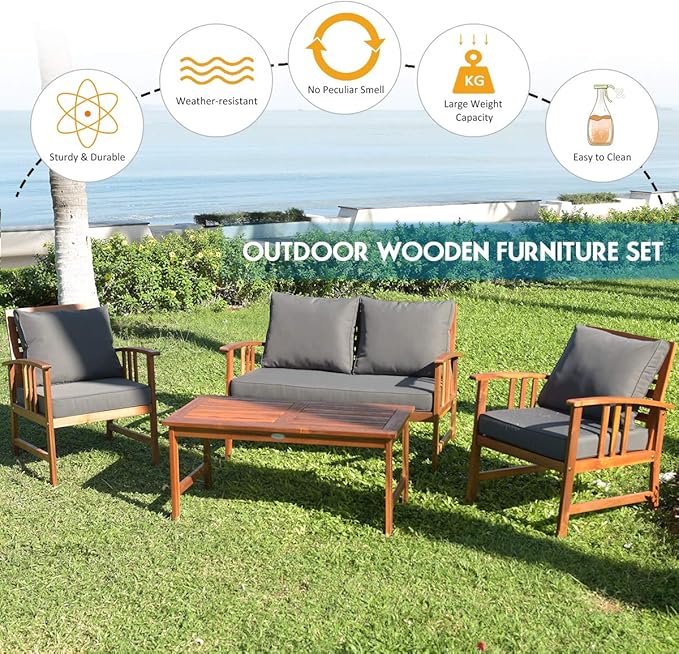 Tangkula 4 Pieces Acacia Wood Patio Furniture Set, Outdoor Seating Chat Set with Gray Cushions & Back Pillow, Conversation Set with Coffee Table, Ideal for Garden, Backyard, Poolside