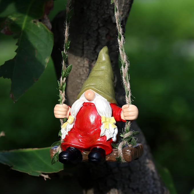 Garden Female Gnome on Swing Statue Decoration Figurine Ornament for Indoor Outdoor Home Patio Yard Lawn,Gift for Mom