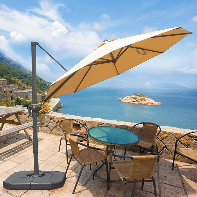 Domi 10FT Cantilever Patio Umbrella, Aluminum Windproof Outdoor Umbrella with 360°Rotation, Round Offset Sun Shade Umbrella for Outside Deck Backyard Garden Pool, Beige