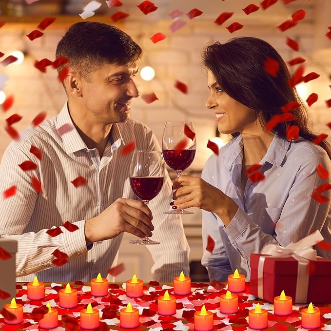 Coume 6000 Pcs Artificial Rose Petals with 72 Pcs Flameless LED Candles Romantic Decorations Fake Candles Anniversary Decorations for Valentine's Day Wedding Night(Red with Red Series Petal)