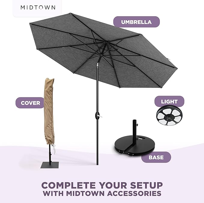Midtown Umbrellas - The Lean 9 Ft Patio Umbrella with Fade-Resistant Sunbrella Fabric, Auto-Tilt Aluminum Frame and 8 Reinforced Ribs for Deck, Pool & Garden - Cast Slate Canopy, Black Pole