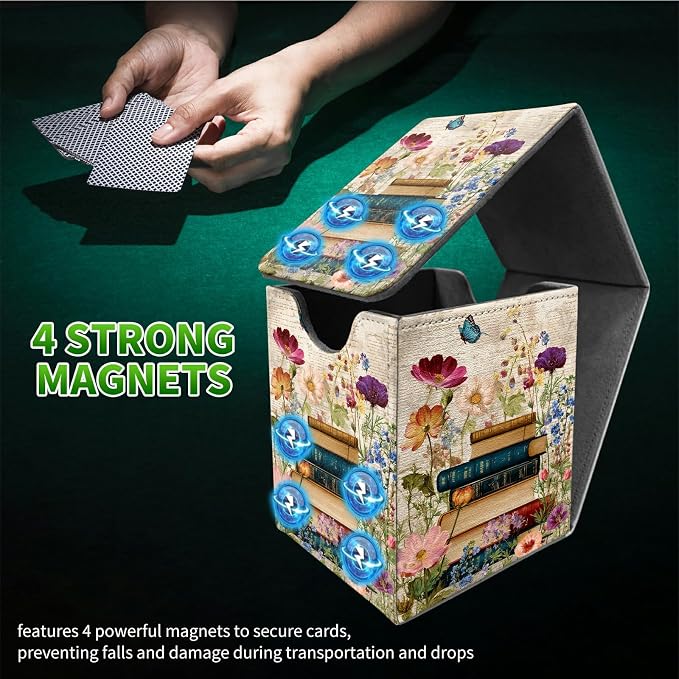 Vintage Flower Books Card Deck Box for MTG, Personalized Card Storage Case Fits 120+ Sleeved Cards, Premium Leather TCG Box with Strong Magnetic Closure for Magic, CCG, PTCG, Baseball Cards