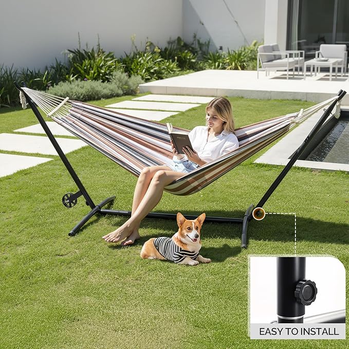 ONCLOUD Outside Hammock with Stand, Portable Hammock Set with Wheel for Camping, Backyard, Heavy Duty Hammock with Carry Bag&2 Wooden Combs, 440LBS, Coffee Brown