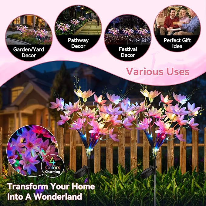 Neporal Solar Flowers Outdoor Waterproof IP65, 5-Head Snow Lotus with 20+ Flowers, 4-Color Light & 2 Lighting Modes, Decorative Solar Lights Outdoor Garden, Yard, Pathway, Flower Bed (6-Pack, Pink)