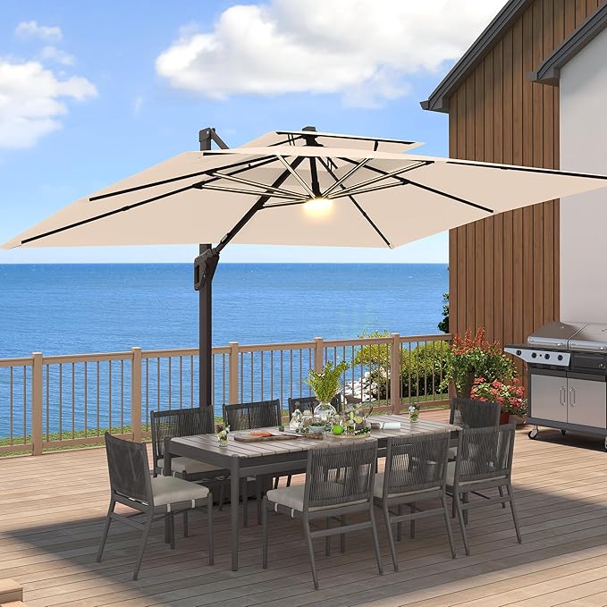 9 X 12 FT Cantilever Outdoor Patio Umbrella with Led Lights Heavy Duty Windproof Double Top Large Rectangle Offset Umbrellas with 360-degree Rotation for Garden Pool Deck Backyard, Beige