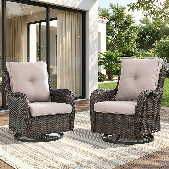 Rilyson Luxury Outdoor Wicker Glider Rocker Chairs for 4 Person, Outdoor Furniture Sets with 2 Piece Wicker Swivel Rocker Chairs, Rattan Glider Rocker Chairs with Table for 2 Seats Brown/Beige