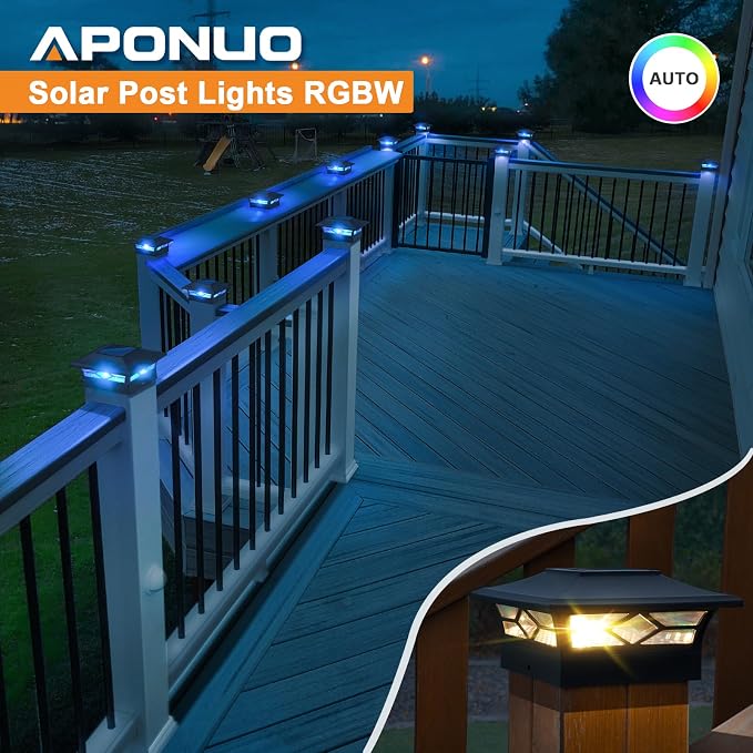 APONUO Solar Post Cap Lights with 8 RGB Colors and Multicolor Flow, Ultra-Bright Clear Lens, IP65 Waterproof for 4x4 5x5 6x6 Wood & Vinyl Fence Posts, 4 Pack Black