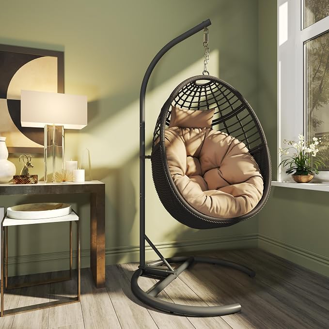 Hanging Egg Chair Hammock with Stand Wicker Rattan for Indoor Outdoor Patio Bedroom Swing with Steel Frame and Soft Cushion