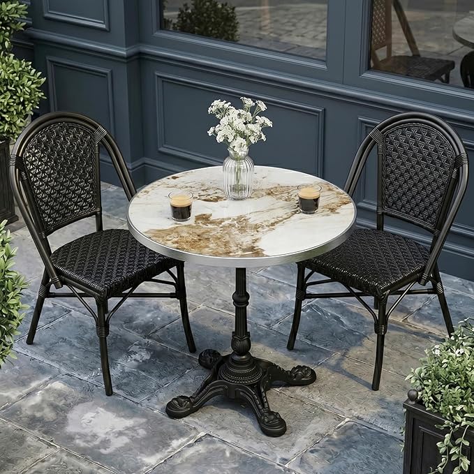 31.5" Outdoor Tulip Dining Table with Sintered Stone Tabletop and Cast Iron Base, Antique Patio Bistro Table for 2-4 Person for Indoor Outside Cafe Restaurant Backyard Garden (Platinum Cloud)