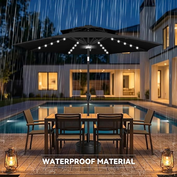 9FT Solar Umbrella Outdoor - 2-Tier Lighted Solar Patio Umbrella with 40 LED Lights Waterproof UV Protection, Table Umbrella with Tilt for Pool, Porch, Garden, Backyard (Black)