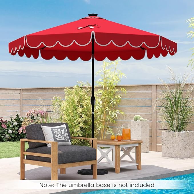 HAPPYGRILL 10 FT Patio Umbrella with Solar Lights, Market Sunshade with Ruffles, Vented Top, Tilt Adjustment & Built-in Crank, Outdoor Parasol Canopy for Backyard Poolside Deck Beach Lawn