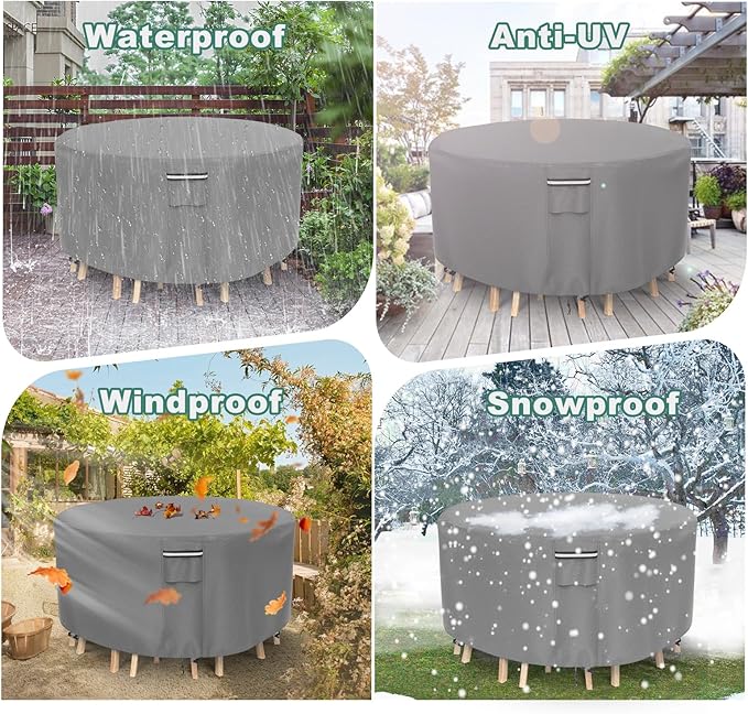 Round Patio Furniture Covers, 500D Heavy Duty Waterproof UV Resistant Cover for Round Outdoor Dining Table & Chairs,48" Dia x 28" H -Gray